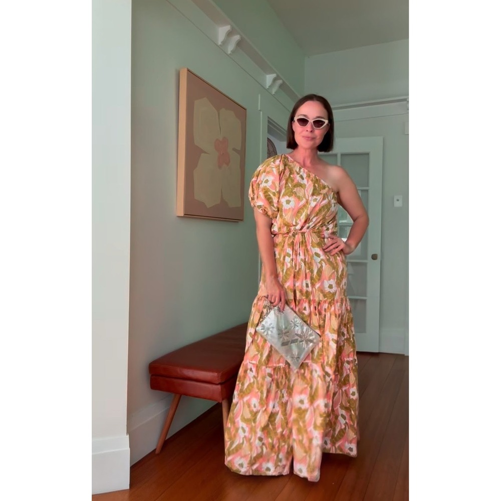 SWF one shoulder puff‎ sleeve floral maxi dress size M resort chic